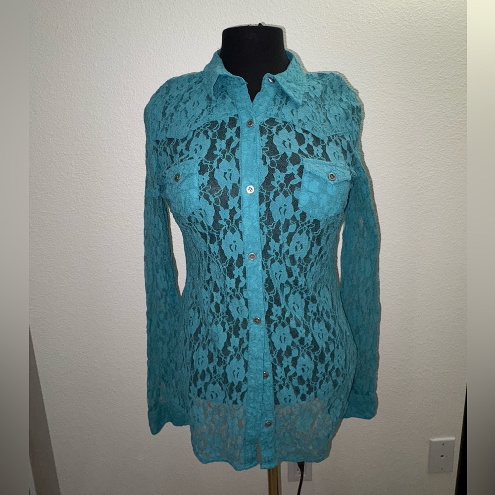 Roper Turquoise Lace Button-Up Blouse
